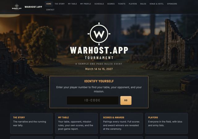 Warhost.App home page in the One Page Rules look